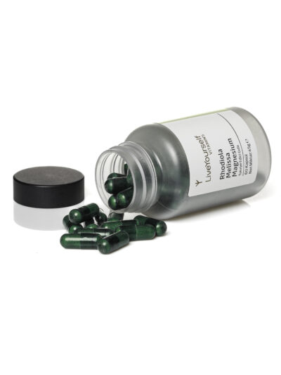 Rhodiola, melissa ve magnezyum içeren bitkisel kapsül takviye edici gıda