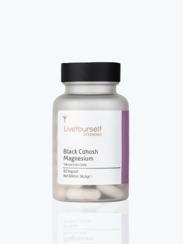 Black Cohosh ve Magnezyum içeren, menopoz belirtilerini hafifletmeye yardımcı 60 kapsüllük takviye edici gıda. Her kapsülde 100 mg Black Cohosh ve 150 mg Magnezyum Bisglisinat içerir, hormonal denge, ruh hali değişiklikleri ve eklem ağrılarına destek sağlar