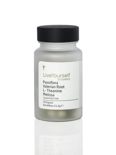 Passiflora Valerian Root L-Theanine Melissa bitkisel içerikli takviye edici gıda kapsül ürünü Live Yourself melisa kediotu çarkıfelek ve L-theanine içeren formül