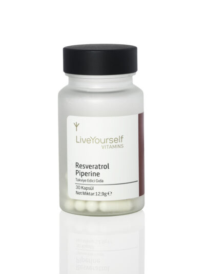 Resveratrol Piperine takviye edici gıda kapsül ürünü Live Yourself 250 mg resveratrol ve 5 mg piperine içeren bitkisel formül antioksidan içerikli ürün