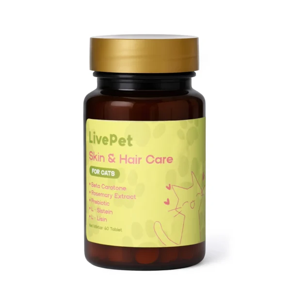 “LivePet Kediler İçin Skin & Hair Care Tableti – Beta Karoten, Biberiye Ekstraktı, Prebiyotik ve L-Lisin içeren kahverengi cam şişe ürün görseli.”