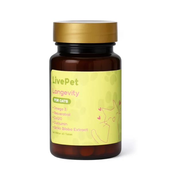 LivePet Kediler İçin Longevity Takviyesi 60 Tablet – Omega 3, Resveratrol, CoQ10, Curcumin ve Ginkgo Biloba içeren kahverengi şişe ürün görseli.