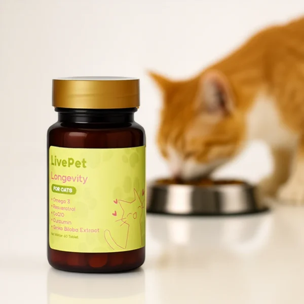 Turuncu beyaz kedi mama yerken ön planda LivePet Kediler İçin Longevity Takviyesi şişesi ürün fotoğrafı.