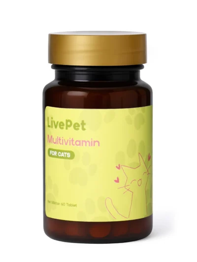 LivePet Kediler İçin Multivitamin 60 Tablet – günlük vitamin ve mineral desteği sağlayan kahverengi cam şişe ürün görseli.”