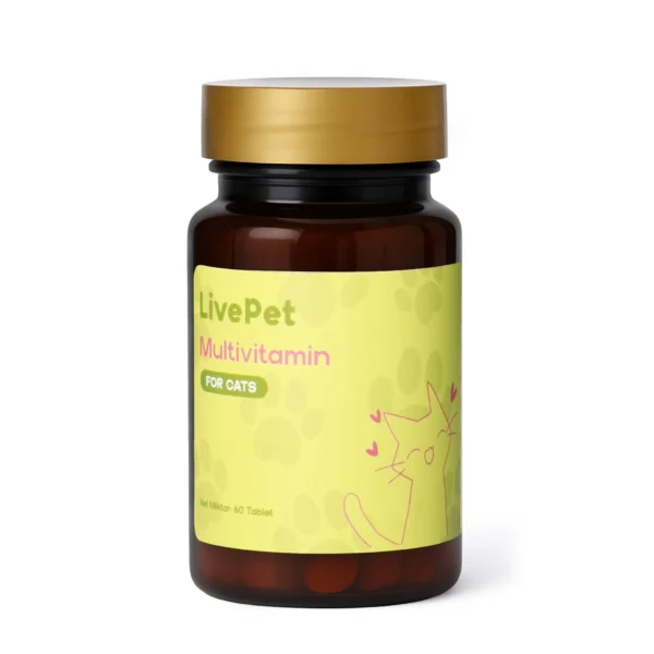 LivePet Kediler İçin Multivitamin 60 Tablet – günlük vitamin ve mineral desteği sağlayan kahverengi cam şişe ürün görseli.”